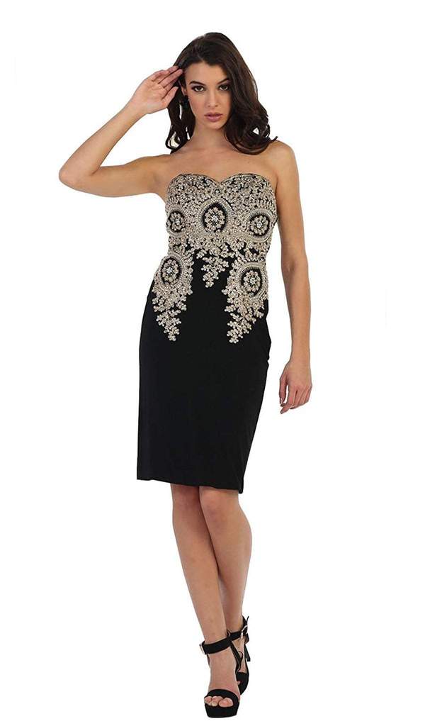 May Queen - Strapless Metallic Lace Cocktail Dress MQ1439 - 1 pc Black In Size 6 Available CCSALE 6 / Black