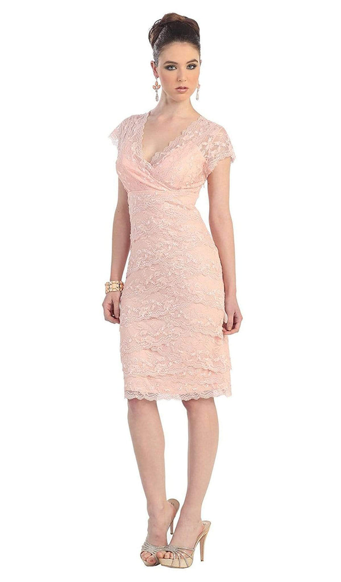 May Queen - Tiered Scallop Lace V-Neck Formal Dress MQ974 Cocktail Dresses M / Blush