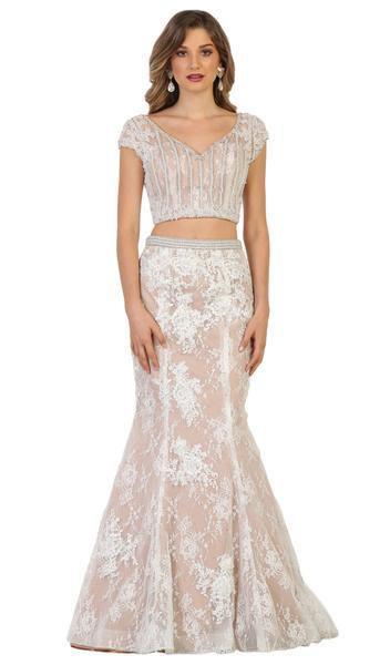 May Queen - Two Piece Lace Applique Mermaid Dress RQ7611 - 1 pc Ivory/Nude In Size 8 Available CCSALE 8 / Ivory/Nude