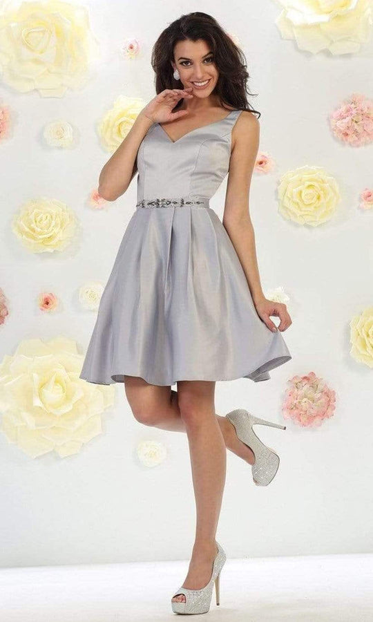 May Queen - V-Neck Embellished Short Dress MQ1477 - 1 pc Silver In Size 18 Available CCSALE 18 / Silver