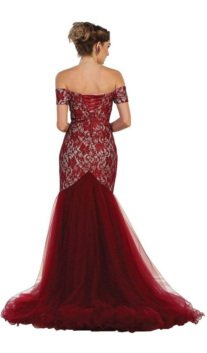 May Queen - V-neck/Off-Shoulder Mermaid Evening Dress MQ1495 - 1 pc Burgundy in Size 6 Available CCSALE 6 / Burgundy