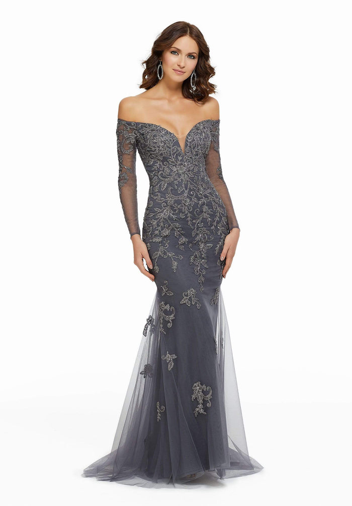 MGNY By Mori Lee - 72015 Metallic Lace Off-Shoulder Trumpet Dress Evening Dresses 0 / Charcoal