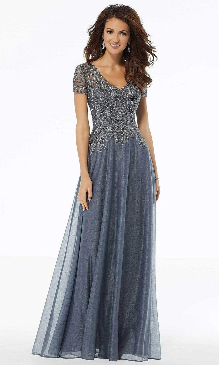 MGNY By Mori Lee - 72116 Bead Embroidered Deep V-neck A-line Dress Mother of the Bride Dresses 2 / Graphite