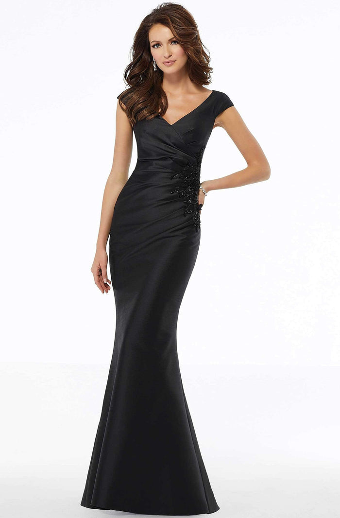 MGNY By Mori Lee - 72135 Pleated Bodice Floral Appliqued Satin Gown Evening Dresses 2 / Black