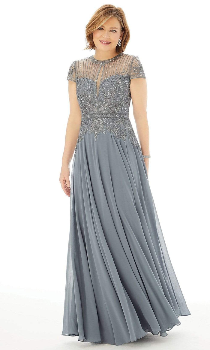 MGNY By Mori Lee - 72221 Beaded Embroidery Illusion Neck Chiffon Gown Mother of the Bride Dresses 2 / Charcoal