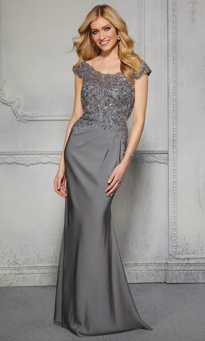 MGNY By Mori Lee - 72425 Cap Sleeve Sequined Crepe Evening Gown Evening Dresses 00 / Charcoal