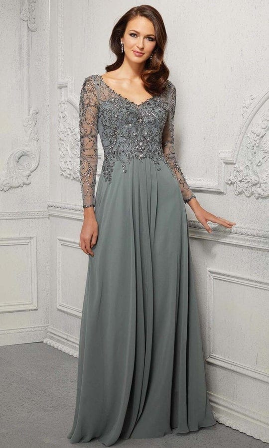 MGNY By Mori Lee - Appliqued V-Neck Evening Dress 72403SC - 1 pc Silver Sage In Size 6 Available CCSALE 6 / Silver Sage