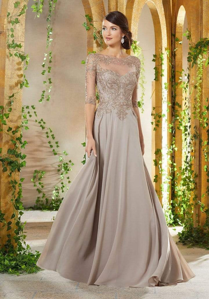 MGNY By Mori Lee - Embroidered Illusion Chiffon A-line Evening Dress 71908SC CCSALE 16 / Taupe