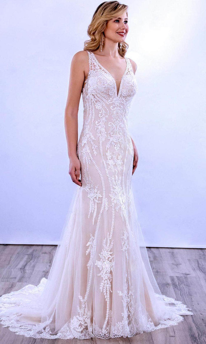 MNM COUTURE 10093 - V Shaped Laced Mermaid Dress Special Occasion Dress 0 / Ivory/Nude