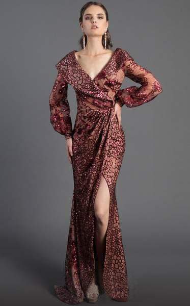 MNM COUTURE - 2417 Sequined Long Sleeve V-neck Trumpet Dress Special Occasion Dress 0 / Burgundy