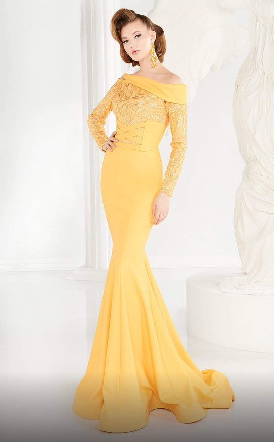 MNM Couture - 2578 Beaded Asymmetrical Neck Empire Long Gown
