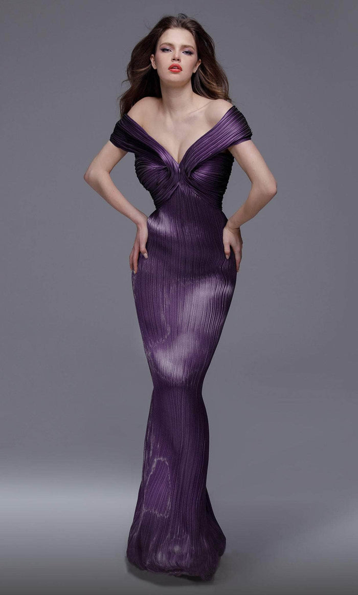 MNM COUTURE 2729 - Metallic Pleated Evening Gown Evening Dresses 4 / Purple