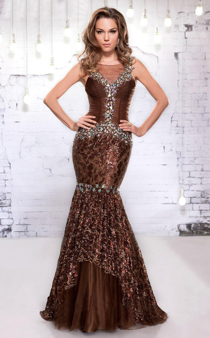 MNM COUTURE 9116 Shimmering Mermaid Evening Dress - 1 pc Brown in Size 4 Available CCSALE 4 / Brown