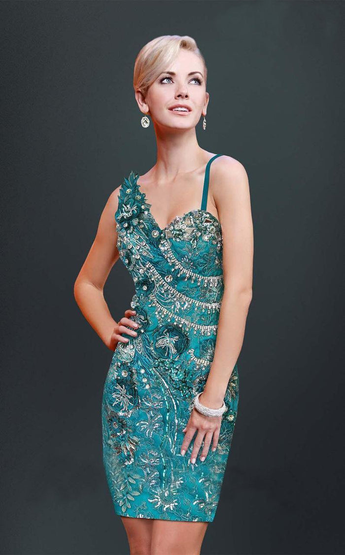 MNM COUTURE - Asymmetrical Beaded Cocktail Dress 8455S - 2 pc Teal in Size 6 and 18 Available CCSALE 16 / Teal