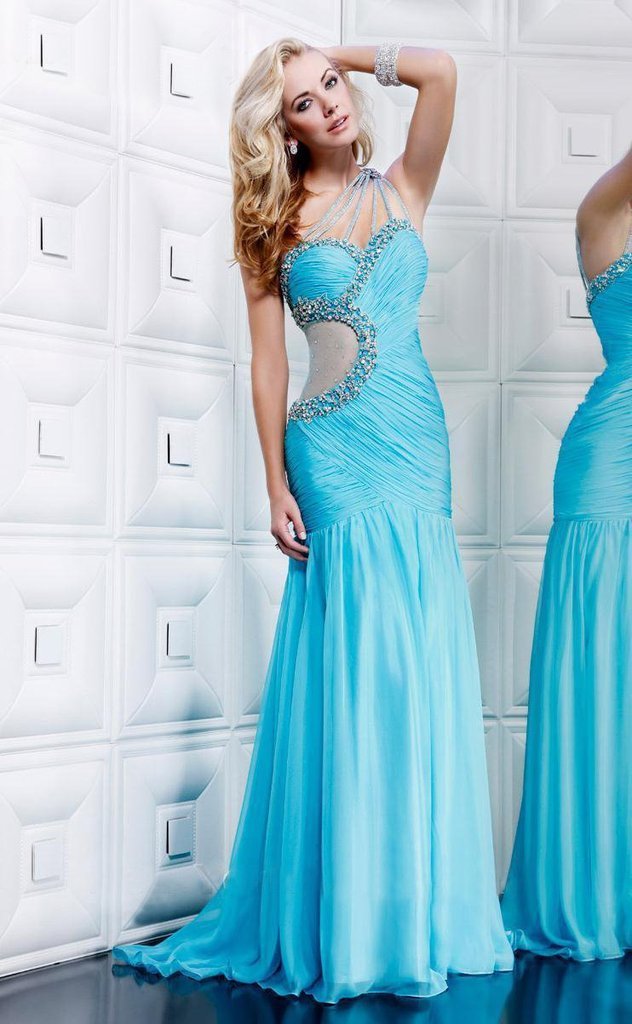 MNM Couture - Asymmetrical Ruched Embellished Evening Gown 7760 CCSALE 10 / Blue