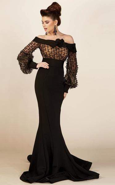 MNM COUTURE - Bell Sleeve Ribbon Detailed Mermaid Gown S0006L CCSALE L / Black