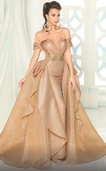 MNM COUTURE - Folded Off-Shoulder Ruffled Ballgown 2527 CCSALE 8 / Gold