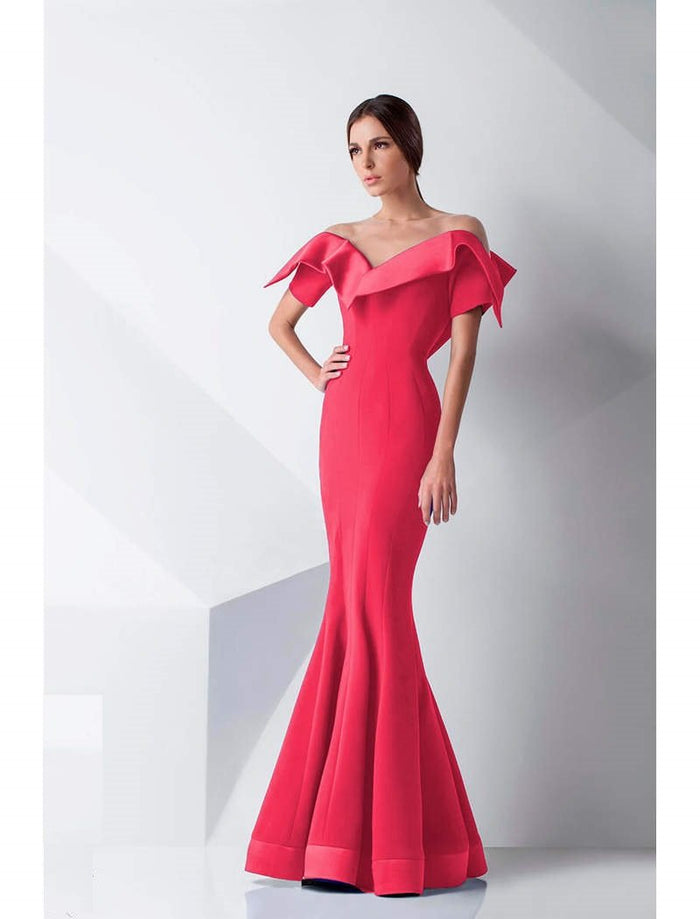MNM Couture - G0782 Folded Off-Shoulder Mermaid Gown  - 1 pc Coral in Size 6 Available CCSALE 12 / Coral