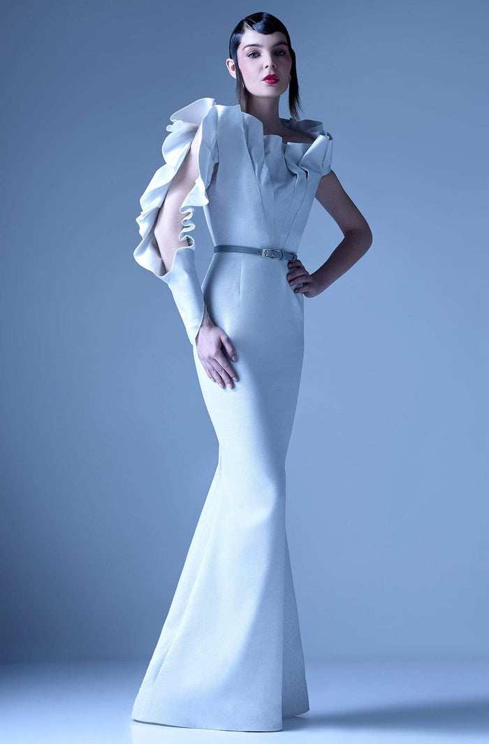 MNM Couture - G0934 Ruffled Asymmetric Neck Mermaid Dress Special Occasion Dress 0 / Silver