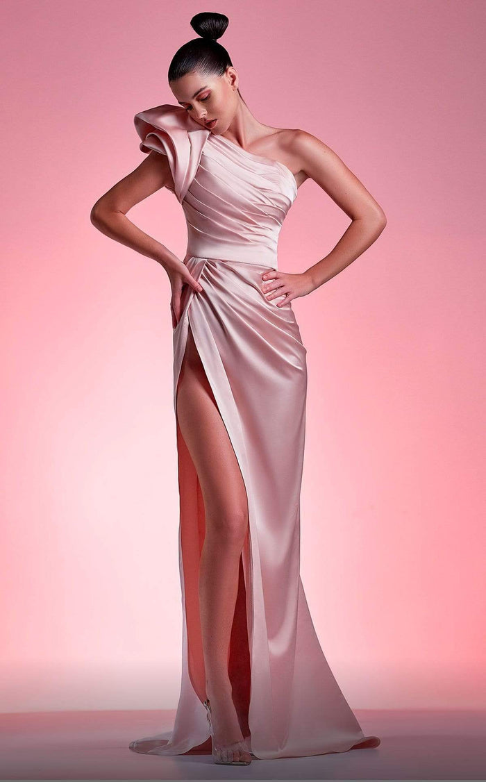 MNM COUTURE - G1217 Rosette Cap Sleeve High Slit Mermaid Gown In Pink