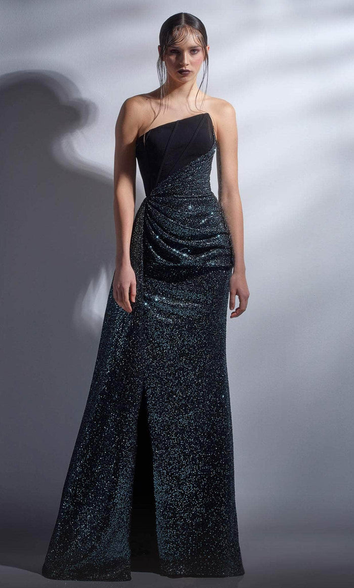 MNM Couture G1251 - Asymmetrical Glitter Evening Gown Evening Dresses 0 / Blue/Black