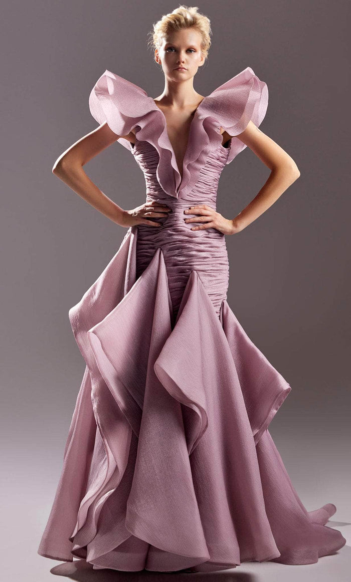 MNM COUTURE G1504 - Ruffle Sleeve Trumpet Evening Gown Evening Dresses 0 / Pink