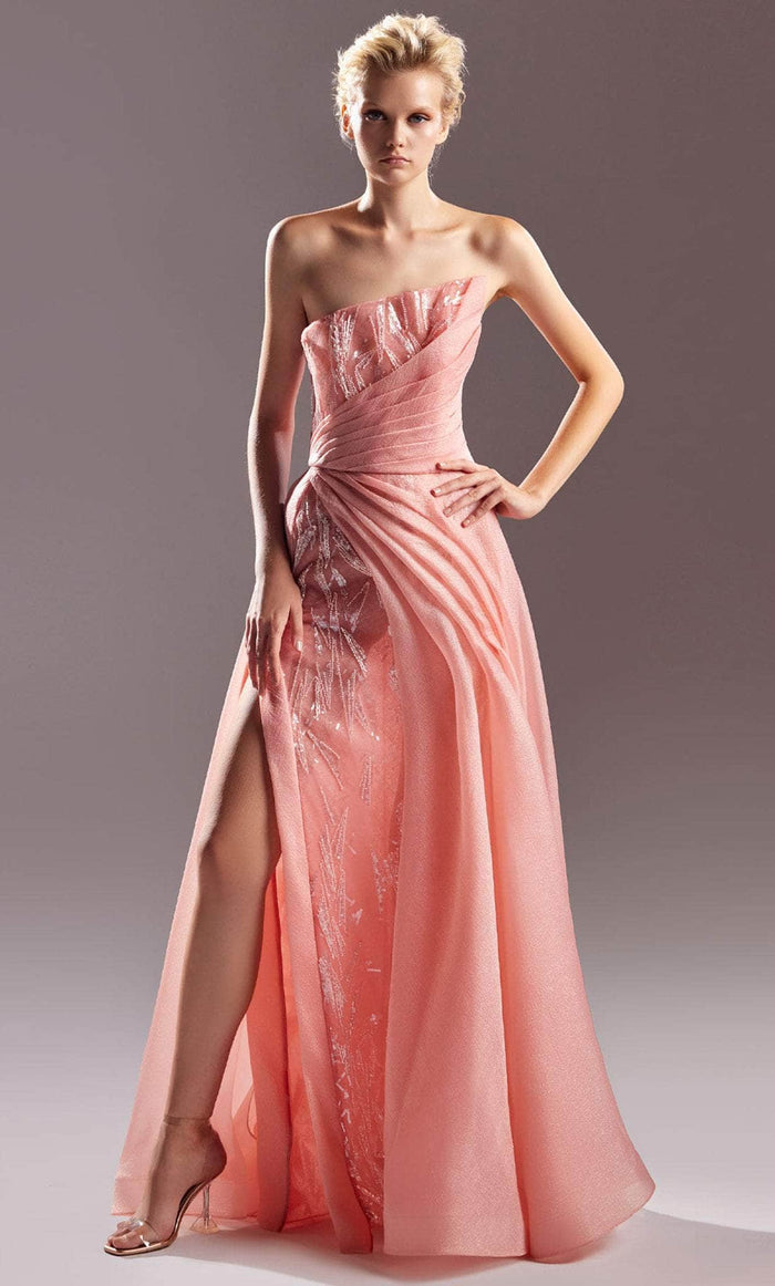 MNM COUTURE G1522 - Strapless Pleated Detail Prom Dress Prom Dresses 0 / Peach