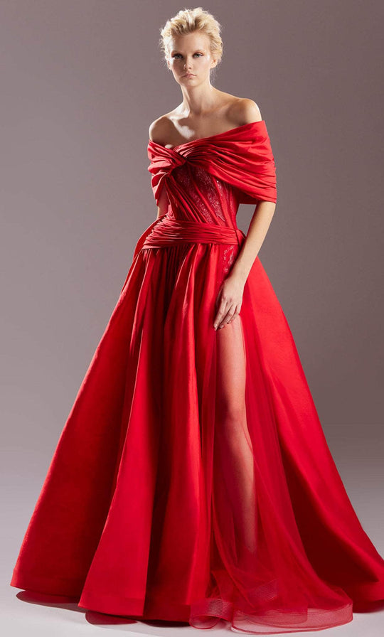 MNM COUTURE G1533 - Draping Detailed Off-Shoulder  Prom Gown