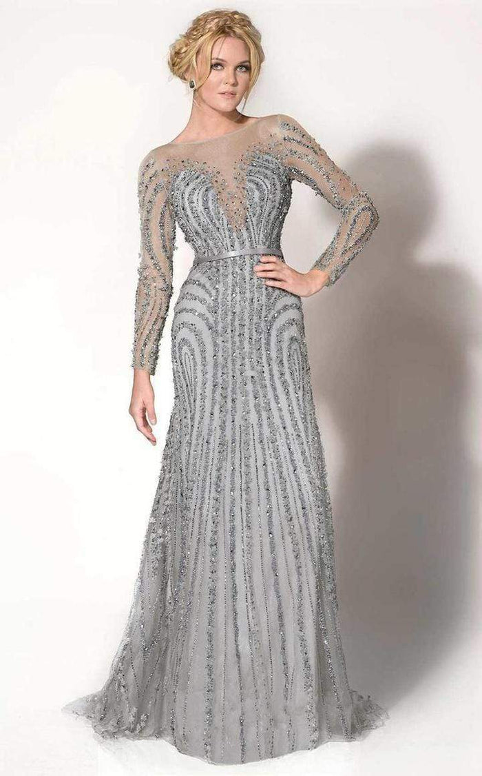 MNM Couture - Illusion Bateau A-Line Evening Gown 10836 CCSALE 4 / Silver