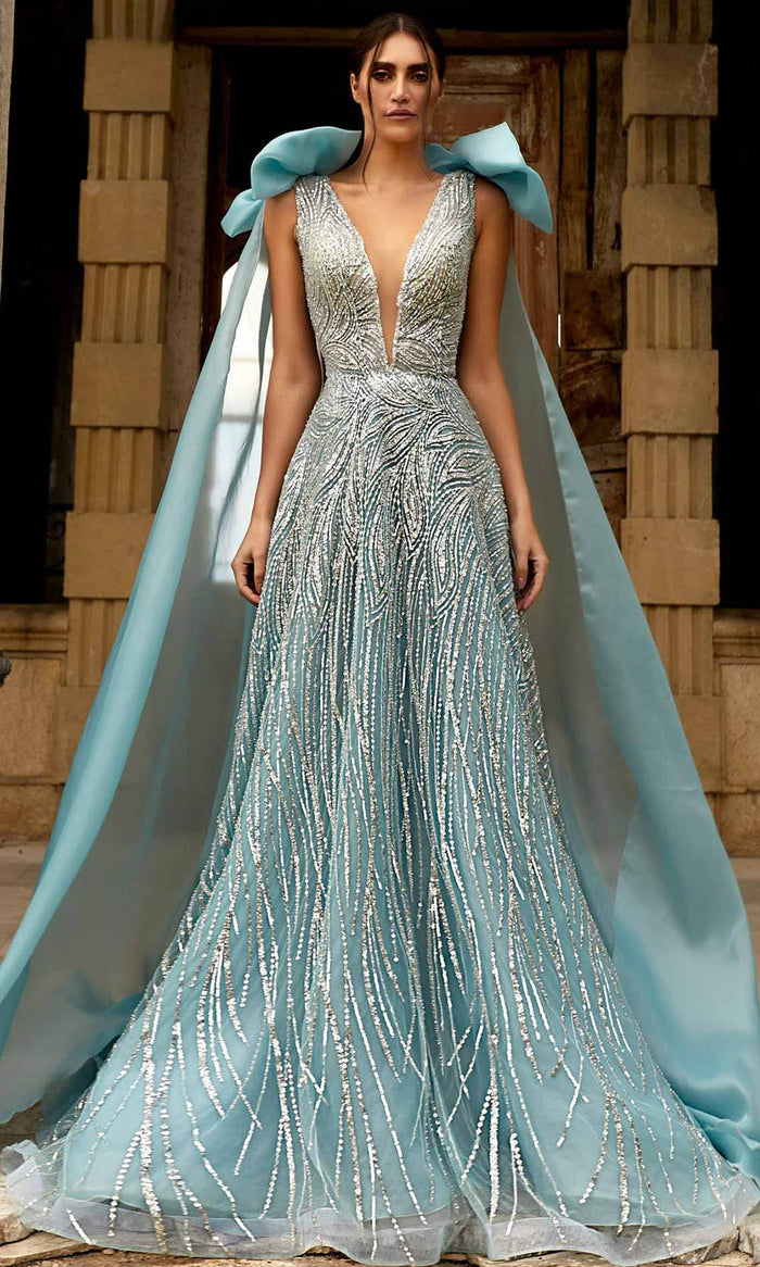 MNM Couture K3923 - Angel Cape Plunging V Neckline Prom Dresses 0 / Tiffany