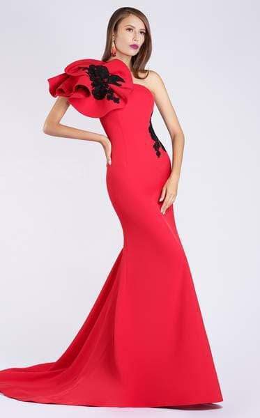 MNM COUTURE - M0042 Embroidered Asymmetric Mermaid Dress With Train Special Occasion Dress 0 / Red