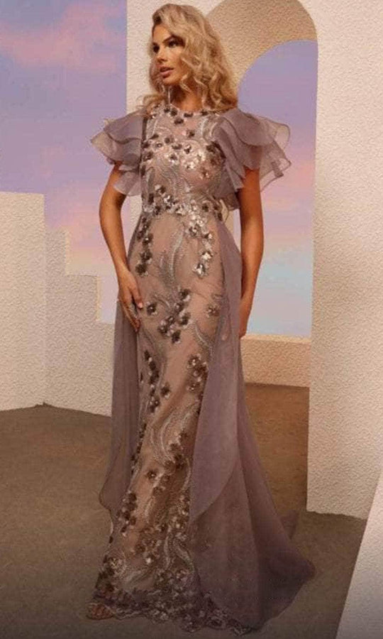 MNM Couture M0101 - Ruffled Short Sleeve Jewel Neck Evening Gown