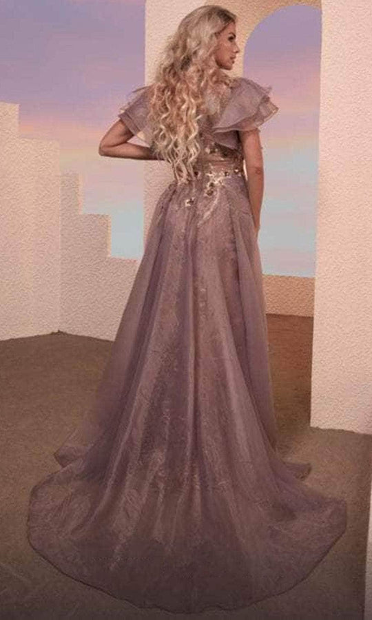 MNM Couture M0101 - Ruffled Short Sleeve Jewel Neck Evening Gown