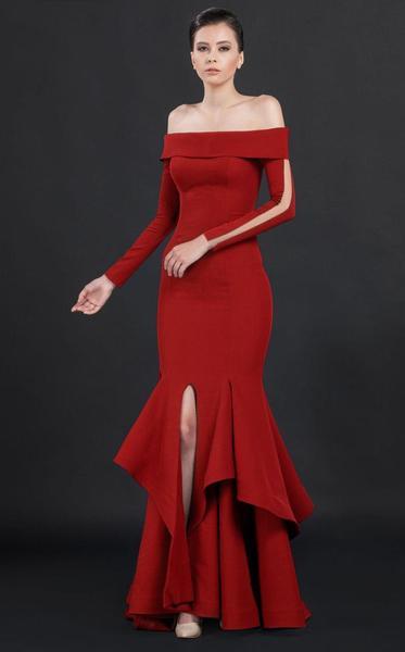 MNM COUTURE - N0043 Ruffled Off Shoulder Trumpet Gown - 1 pc Red In Size 14 Available CCSALE 14 / Red