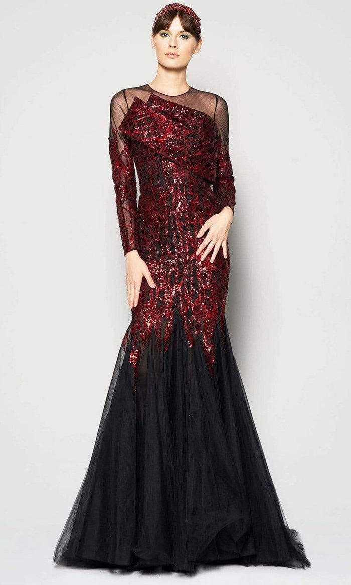 MNM Couture - N0411 Illusion Sequined Trumpet Gown Evening Dresses 4 / Black