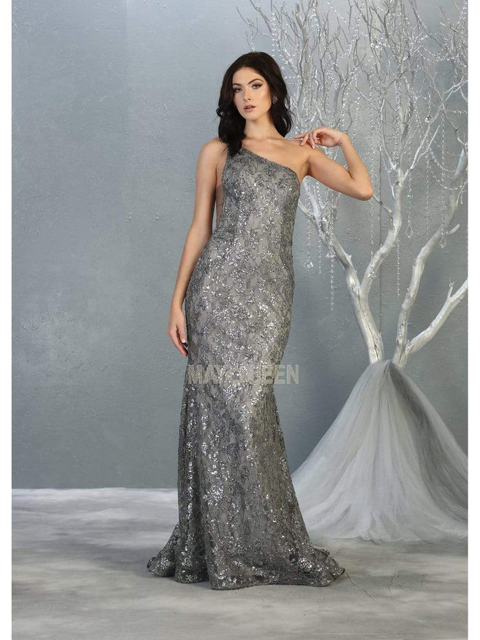 MNM COUTURE - One Shoulder Strap Fitted Mermaid Dress MQ1804 - 1 pc Silver In Size 14 Available CCSALE 14 / Silver