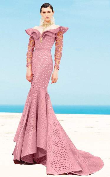 MNM COUTURE - Ruffle Off-Shoulder Laser Cut Mermaid Gown 2345 CCSALE 8 / Pink