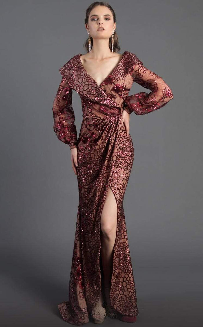 MNM COUTURE - Sequined Long Sleeve V-neck Trumpet Dress 2417 - 1 pc Burgundy In Size 6 Available CCSALE 6 / Burgundy
