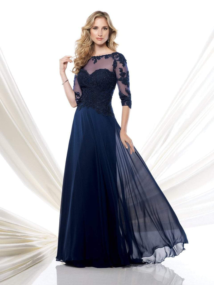 Mon Cheri - 115968 Quarter Sleeve Lace Illusion Long Dress CCSALE 10 / Navy Blue