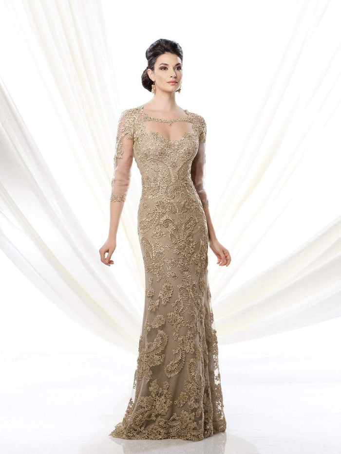 Mon Cheri - 214D61 Quarter Sleeve Lace Illusion Evening Gown CCSALE 8 / Gold