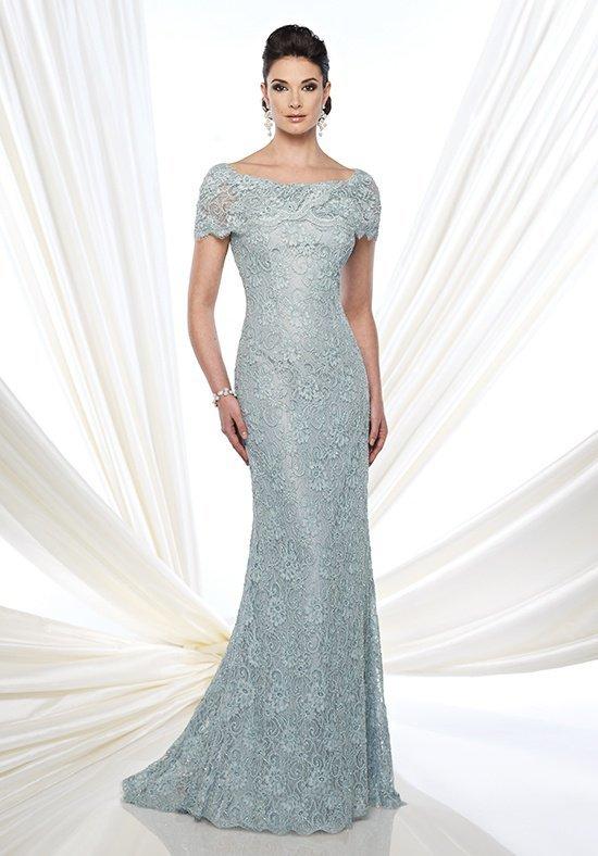 Mon Cheri - 215D03 Bateau Scalloped Lace Applique Evening Gown - 1 pc Blue Willow in Size 8 Available CCSALE 6 / Aqua