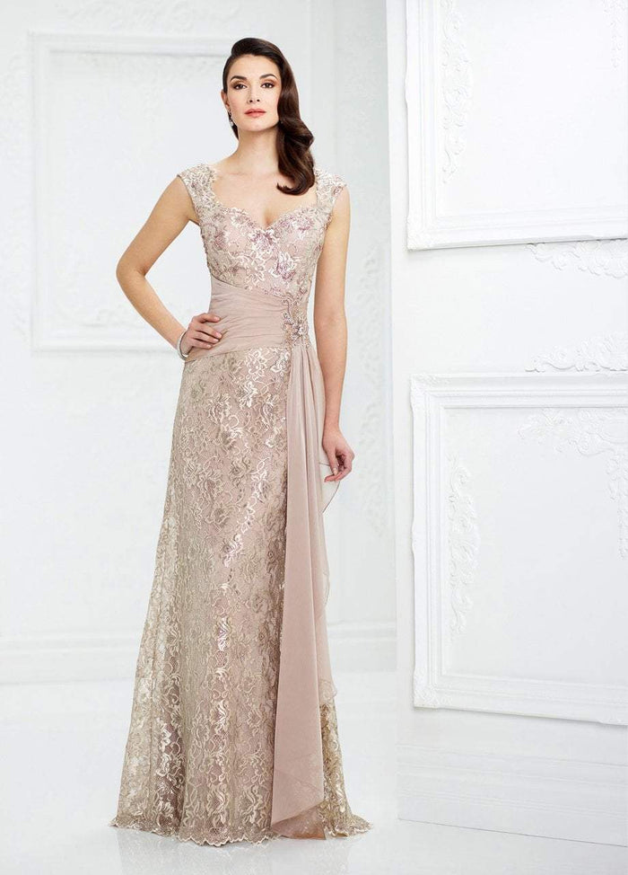 Mon Cheri 217954 Queen Anne Neckline Metallic Lace Long Gown - 1 Pc. Champagne in size 4 Available CCSALE 4 / Champagne