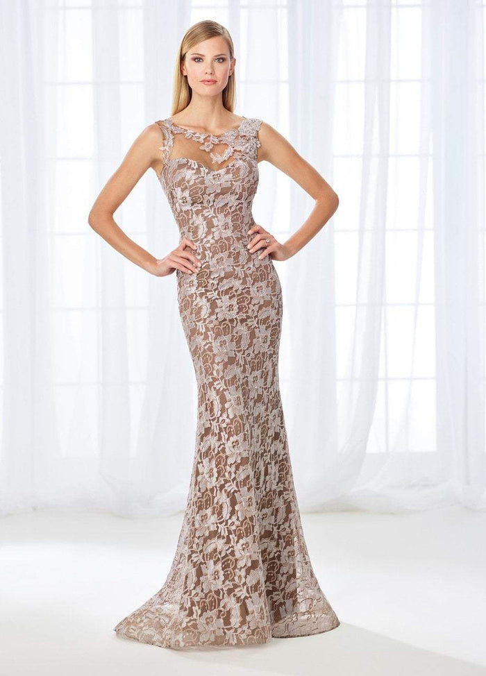 Mon Cheri - Illusion Lace Bateau Evening Dress 118671 - 1 pc Navy in Size 8 Available CCSALE 4 / Taupe/Silver