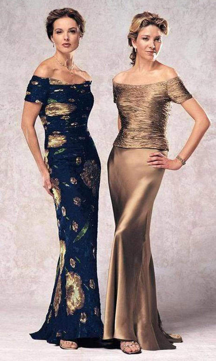 Mon Cheri - Jewel Ornate Ruched Off-shoulder Gown 24942P - 1 pc Navy Print In Size 8P Available CCSALE 8P / Navy Print