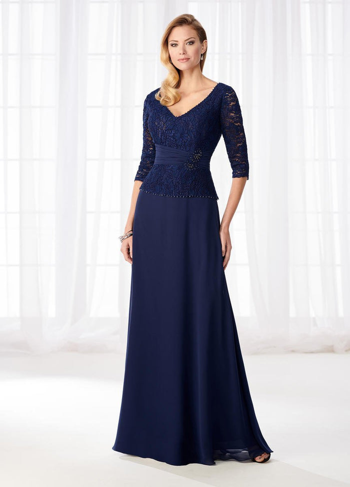 Mon Cheri Lace Quarter Length Sleeves A-Line Evening Dress 218623W CCSALE 18W / Navy