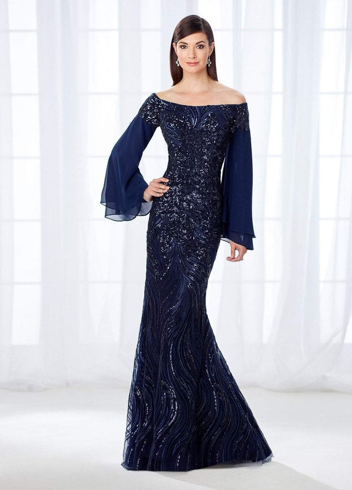 Mon Cheri Long Bell Sleeves Off-Shoulder Gown 118688 CCSALE 12 / Navy