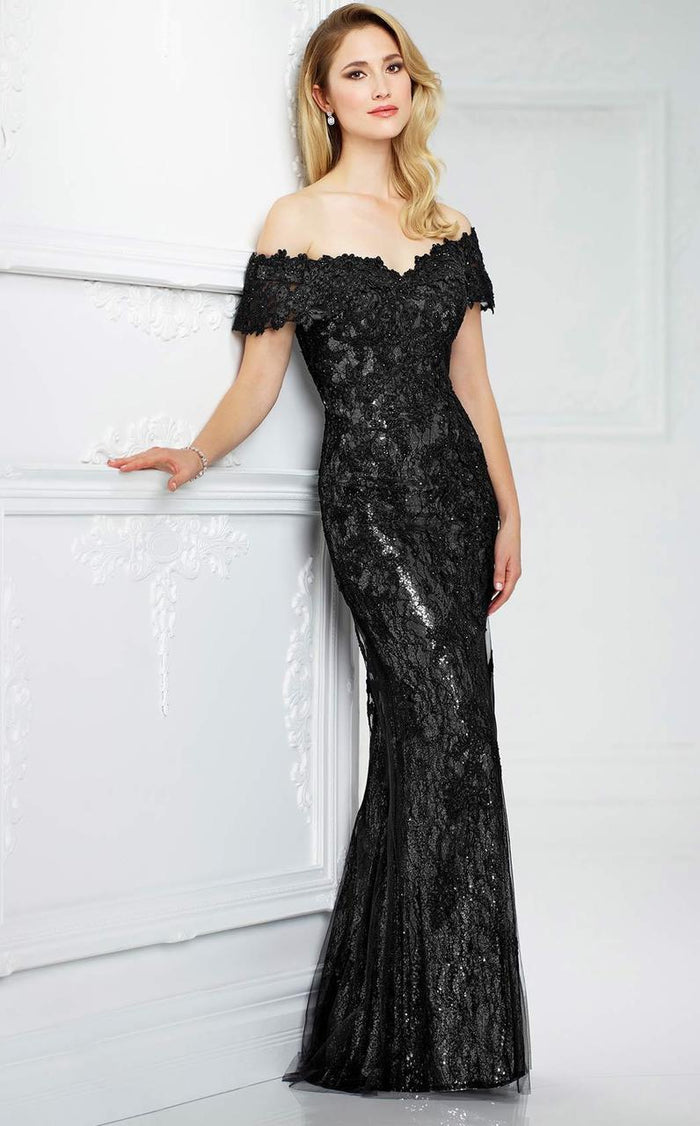 Mon Cheri - Off-the-Shoulder Lace Evening Gown 217941 - 1 Pc Black/Silver in Size 10 Available CCSALE 10 / Black/Silver