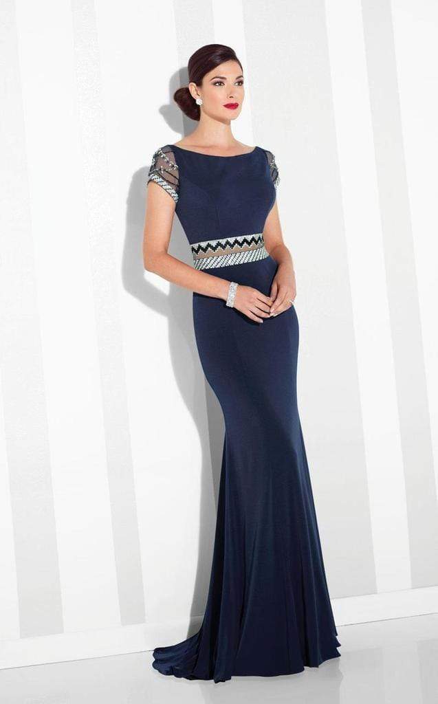 Mon Cheri - Patterned Beaded Illusion Sheath Evening Dress 117624 - 2 pcs Navy In Size 4 and 8 Available CCSALE 10 / Navy