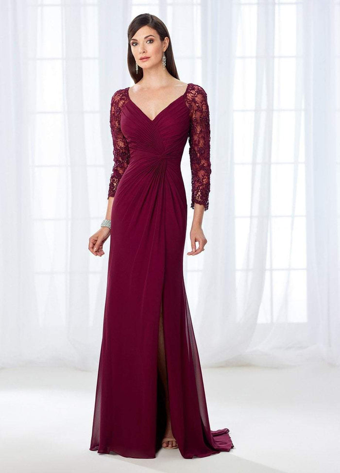 Mon Cheri Quarter Sleeve Front Twist Chiffon Evening Gown 118672 - 2 Pcs Burgundy in Sizes 10 and 20 Available CCSALE 20 / Burgandy