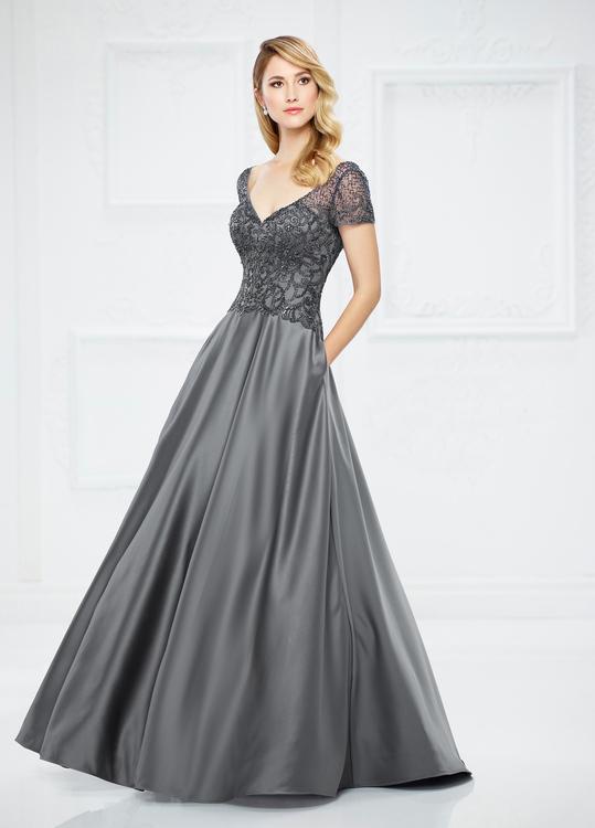 Mon Cheri Short Sleeve Beaded Long Satin Gown - 1 pc Charcoal In Size 6 Available CCSALE 6 / Charcoal